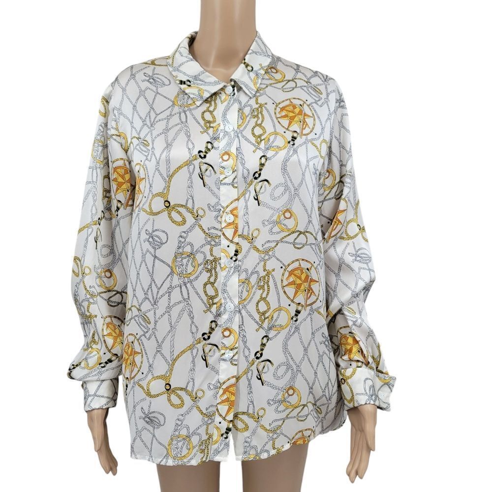Halston Silk White and Gold Nautical Print Blouse Long Sleeves French Cuffs